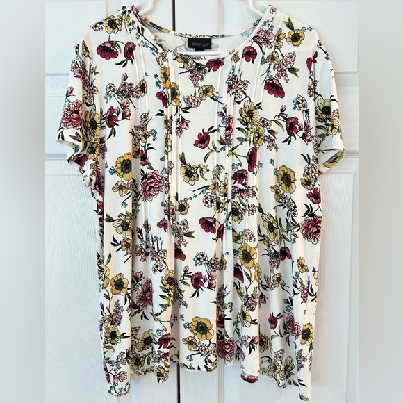 NWOT J.Jill Women’s Red/Yellow Flower Print Ruched Tunic Blouse Shirt Size L - Picture 1 of 11